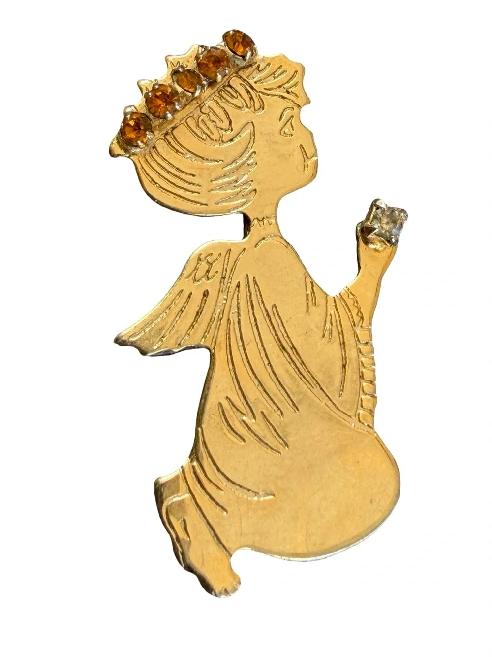 Kneeling Angel Topaz Crown Pin Rhinestone Crystal and Lapel Brooch Vintage